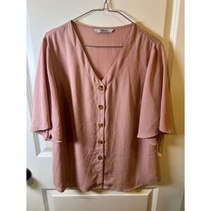 Meaneor Womens Blouse Button Front Flutter‎ Sleeve Pink Size L